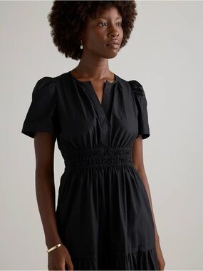 Quince Black Smocked-Waist Puff-Sleeve Midi Dress